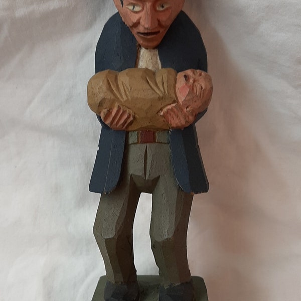 Vintage Antique Folk Art Wood Carving Father Daddy With New Baby