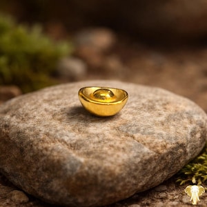 May include: A small, gold-colored ingot, resembling a traditional Chinese Yuan Bao, rests on a textured, gray stone. The ingot has a rounded shape with a central, raised area. The background features blurred green foliage and a natural, earthy setting.