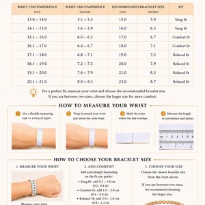 May include: A L'Atelier Thai bracelet size chart featuring a table with wrist circumference in cm and inches, recommended bracelet sizes, and fit types. Includes instructions on how to measure your wrist and choose the correct bracelet size.