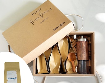 Personalized Gift Box – Assortment of 5 Thai Coffees + Customizable Manual Grinder + Handcrafted Teak Spoon