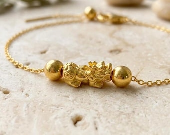 Solid 24K Gold Pixiu Bracelet, Adjustable Chain, Feng Shui Chinese Mythical Guardian Symbol of Wealth, Protection & Good Fortune