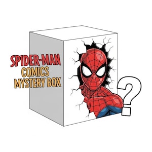 Peut inclure: Une boîte blanche avec l'inscription "SPIDER-MAN COMICS MYSTERY BOX" en rouge et jaune. Spider-Man perce le côté de la boîte. Un point d'interrogation blanc est à côté de la boîte.