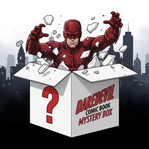May include: Illustration of Daredevil emerging from a white box. The box is labelled "Daredevil Comic Book Mystery Box" with a red question mark. The superhero is in a red costume, with a city skyline in the background.