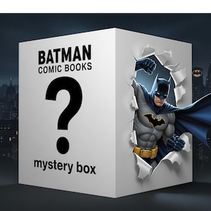 May include: A white mystery box featuring the text "BATMAN COMIC BOOKS" and a large black question mark. The box is torn open to reveal Batman in his grey and blue costume. A city skyline forms the background.