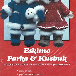 May include: Eskimo Parka & Kusbuk pattern for a 16" doll. The pattern includes instructions for making mukluks, mittens, and a husky pup. The dolls are wearing blue and red parkas with white faux fur trim.