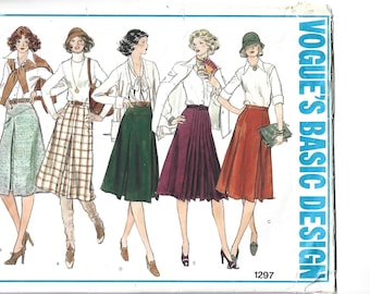 Vogue Pattern #1297 for Misses Skirts. Waist 26 1/2.  Hips: 36.  1970s pattern.