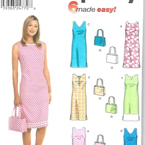 May include: Simplicity sewing pattern 9620 for sizes 14, 16, 18, 20. The envelope features illustrations of sleeveless dresses and handbags in various colors and patterns, including polka dots, floral prints, plaid, and solid blue fabric designs.