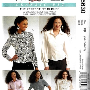 May include: McCall's M5630 sewing pattern envelope for a classic fit blouse. The front displays five variations of long and short-sleeved button-down shirts in white, black and white leaf print, light purple, grey, and a polka dot pattern with a tie neck.