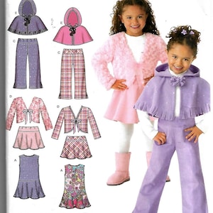 May include: A sewing pattern for girls' clothing, featuring various outfits. The pattern includes designs for capes, jackets, skirts, pants, and dresses. The outfits are in pink and purple, with a variety of textures and patterns. The package has the text "easy-to-sew".