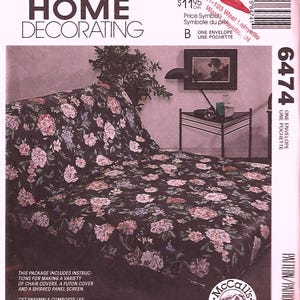 May include: McCall's Home Decorating pattern featuring a floral design. The pattern includes instructions for chair covers, a futon cover, and a shirred panel screen. The package is labeled with the number 6474.