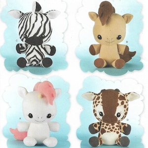 May include: Simplicity pattern 8034 features four stuffed animal designs: a zebra, a horse, a unicorn, and a giraffe. Each plush toy has a unique color scheme and design. The pattern is one size and designed and printed in the USA.