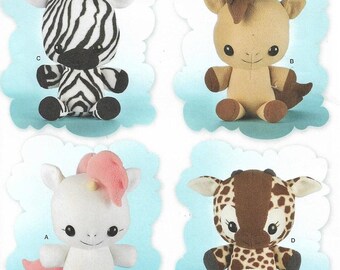 May include: Simplicity pattern 8034 features four stuffed animal designs: a zebra, a horse, a unicorn, and a giraffe. Each plush toy has a unique color scheme and design. The pattern is one size and designed and printed in the USA.