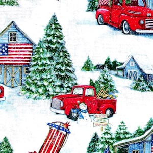 Red truck with sled and snowman cotton fabric white background. 1 yard x 42 inches