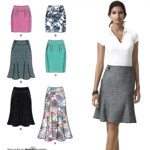 May include: Simplicity sewing pattern 2451 features various skirt designs. The image shows a woman wearing a gray skirt. The pattern includes skirts in pink, blue floral, denim, teal, black polka dot, and floral prints. The pattern sizes are 4, 6, 8, 10, and 12.