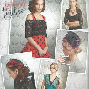 May include: Simplicity sewing pattern 8365, featuring a woman in a red polka dot dress with black lace accents. Other images show vintage-style clothing and accessories. The text "Finishing Touches" is visible.