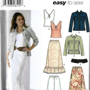 May include: Simplicity sewing pattern 5593 for size R5 14-22. The envelope displays illustrations of two sleeveless tops, two long-sleeved jackets, a wide belt, and two long skirts with ruffled hems. One skirt features a floral print pattern.