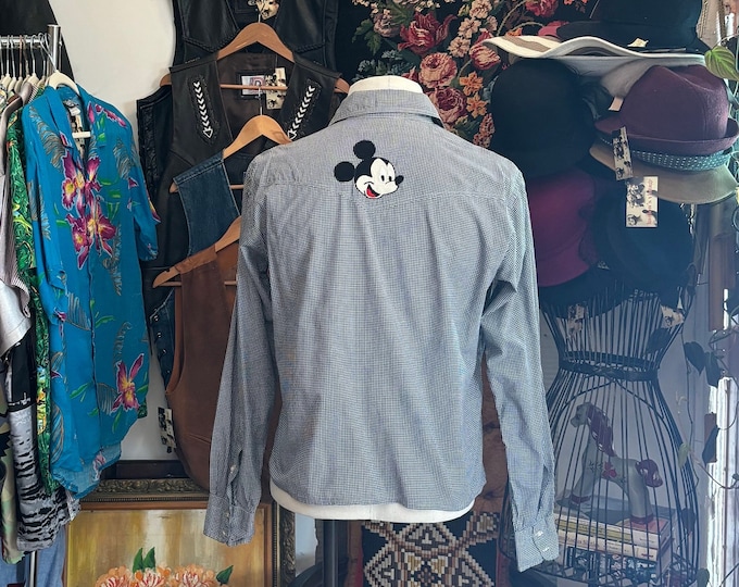 vintage mickey shirt black white check pattern mickey button down
