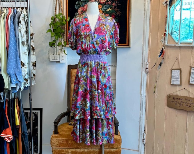 vintage 80's diane freis floral bird pink purple boho dress