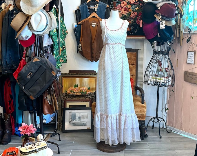 vintage 60's pink cottage core polka dot maxi ruffle dress