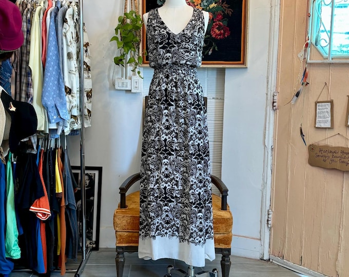 vintage black white floral swirl maxi tank dress