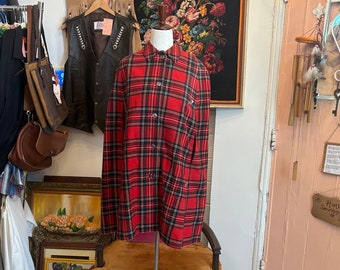 vintage 70's red check reversible poncho