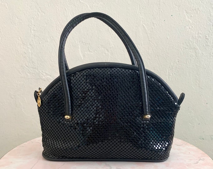 vintage 70's mesh black handbag // large evening bag