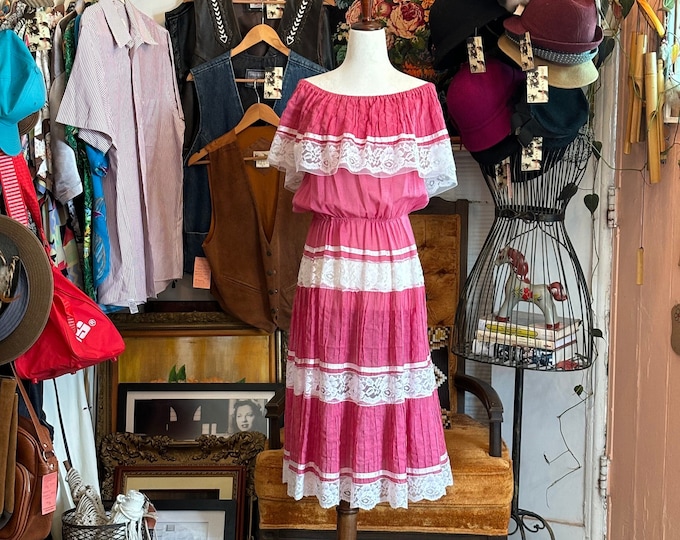 vintage pink lace cottage core boho ruffle dress