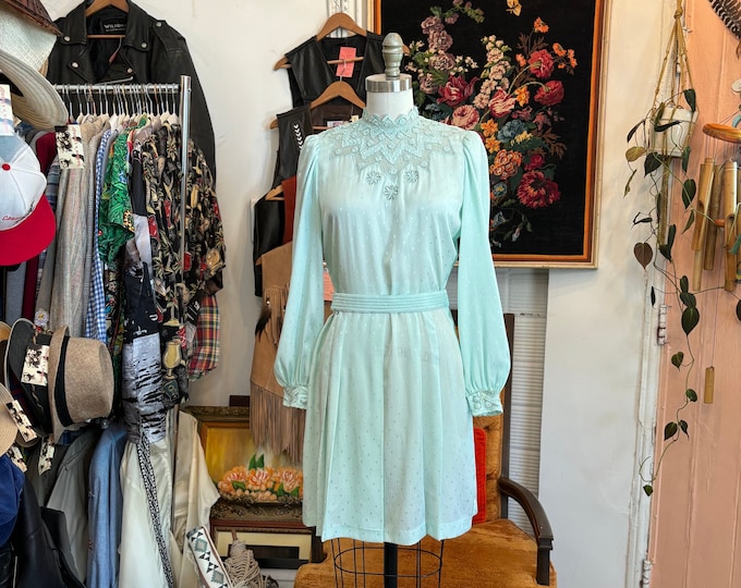 vintage 80's sea green silk dress with lace