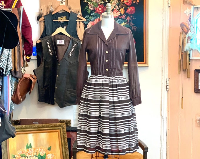 vintage 50's dress // brown striped shirt waist dress