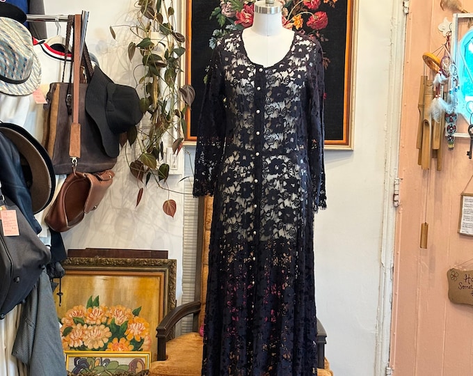vintage 80's black lace maxi dress // floral lace sheer dress