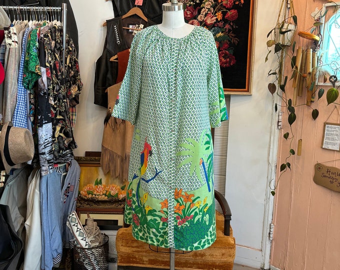 vintage 60's models coat green cotton parrot print robe