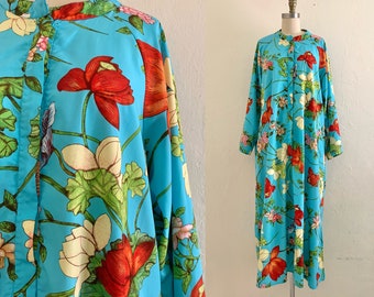 zip up,polyester,lounger Long floral dress,pastel,dress,1970s,70 lounge wear