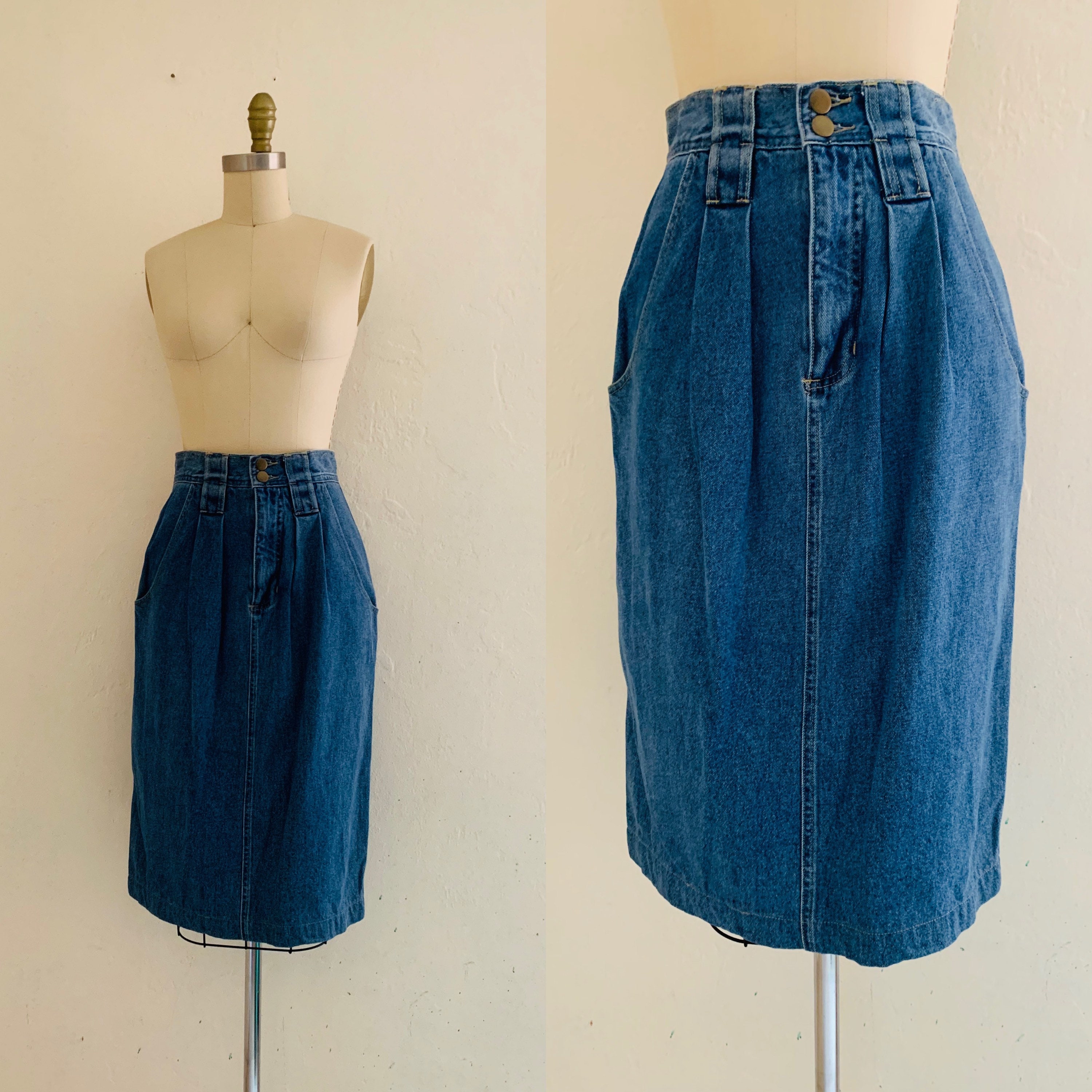 vintage 80's high waist denim skirt // midi jean skirt with pockets