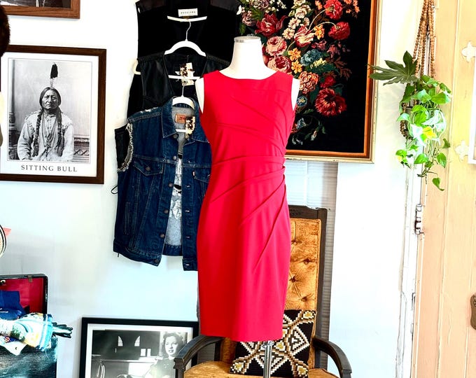 vintage calvin klein red shirred fitted dress