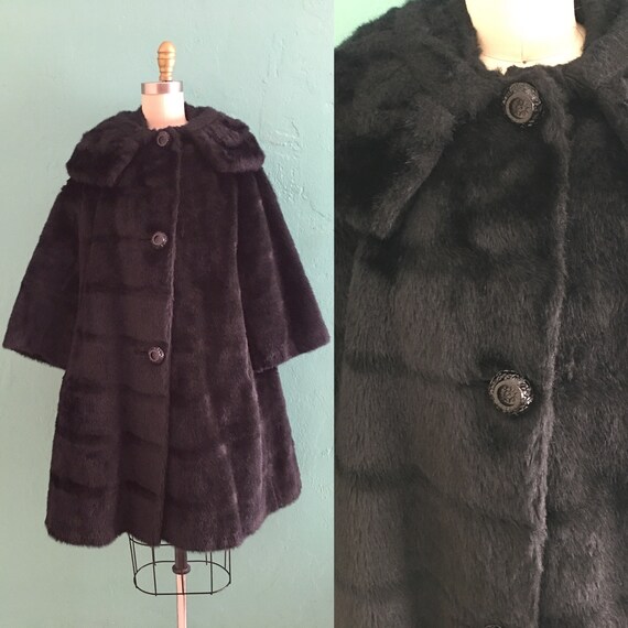 vintage 60's black faux fur coat // swing coat wi
