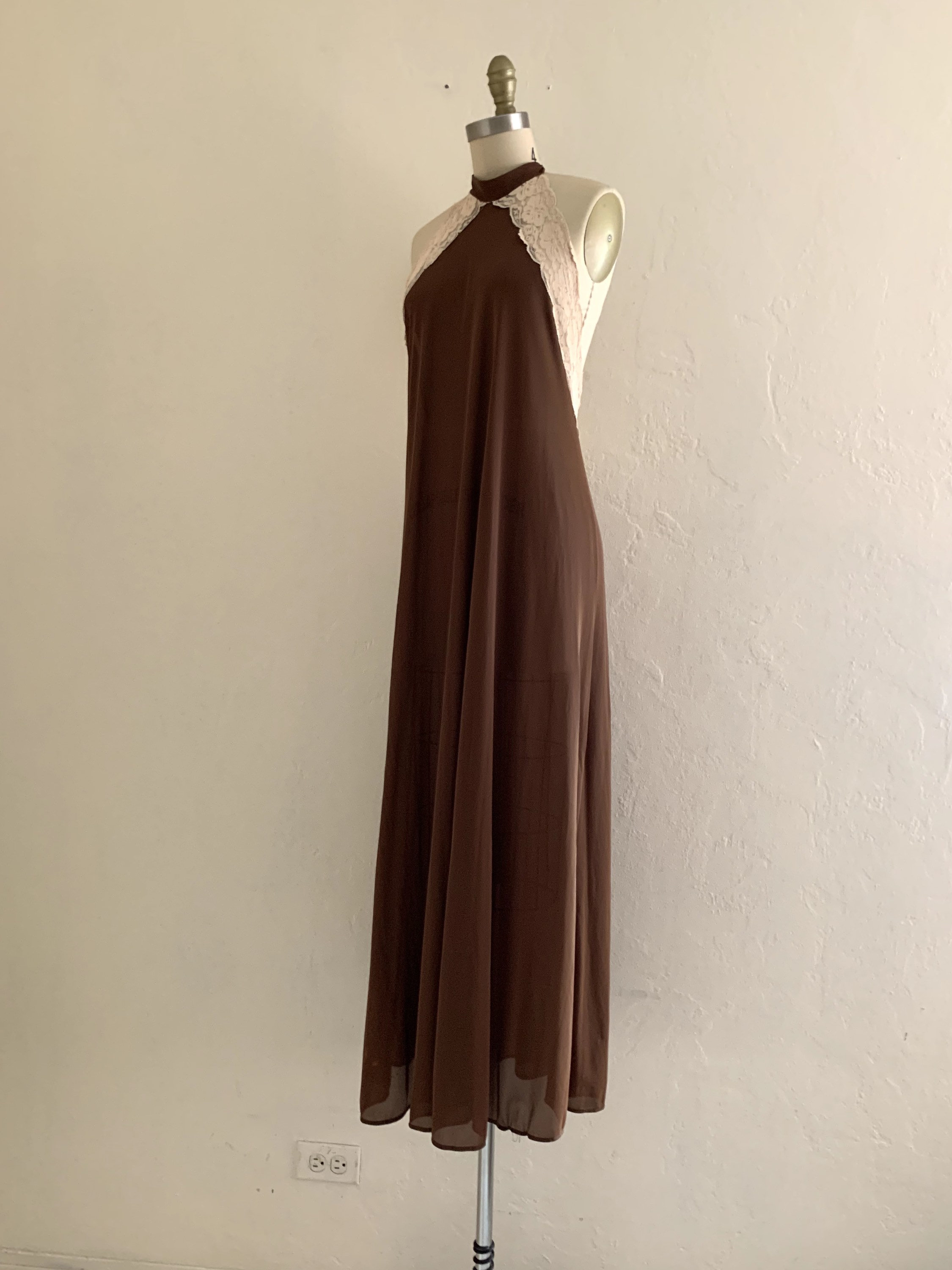 vintage 70's brown lace halter slip dress // maxi lounge dress