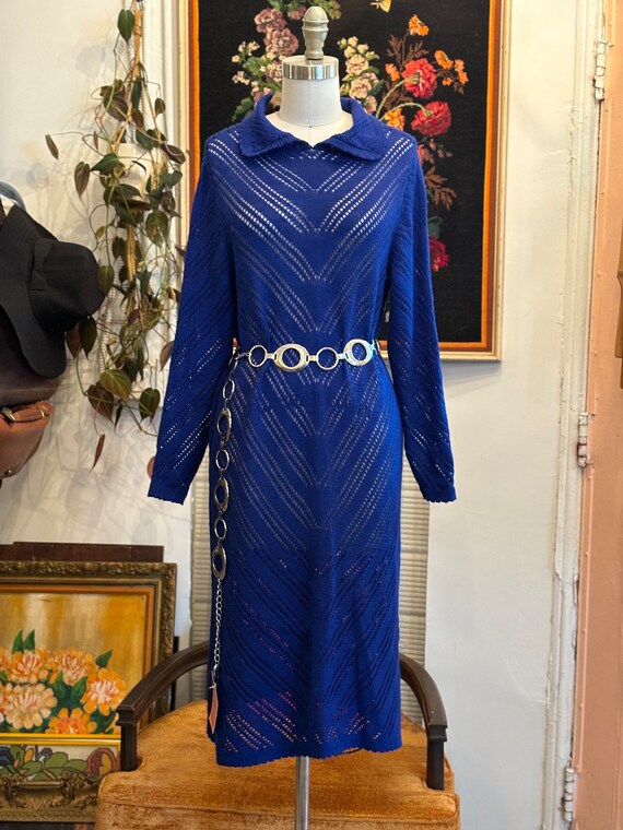 vintage 70's blue knit midi dress - image 2