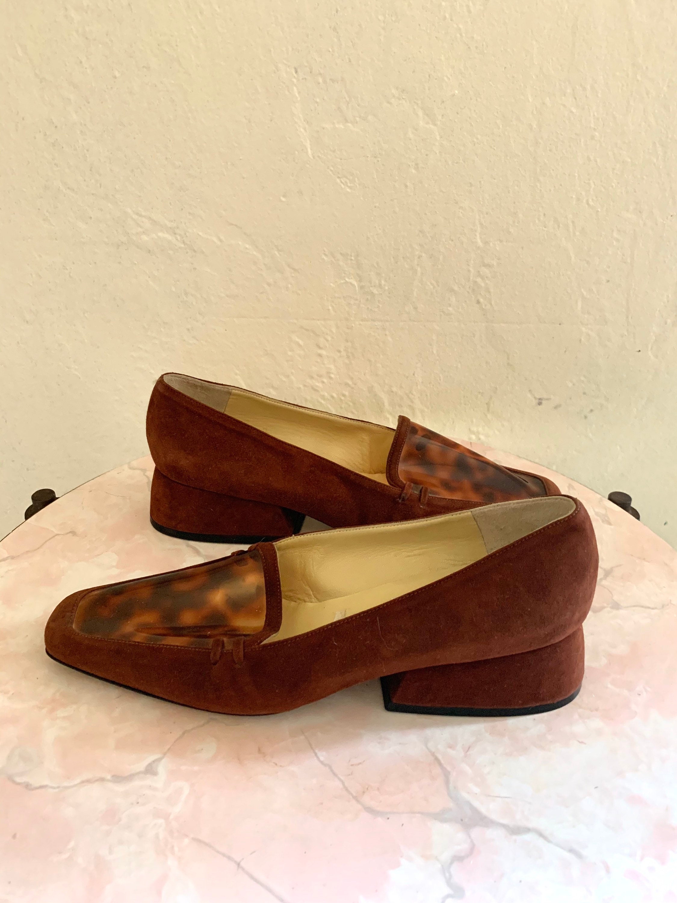 vintage 90's tortoise brown suede shoes with block heel size 7 / 38