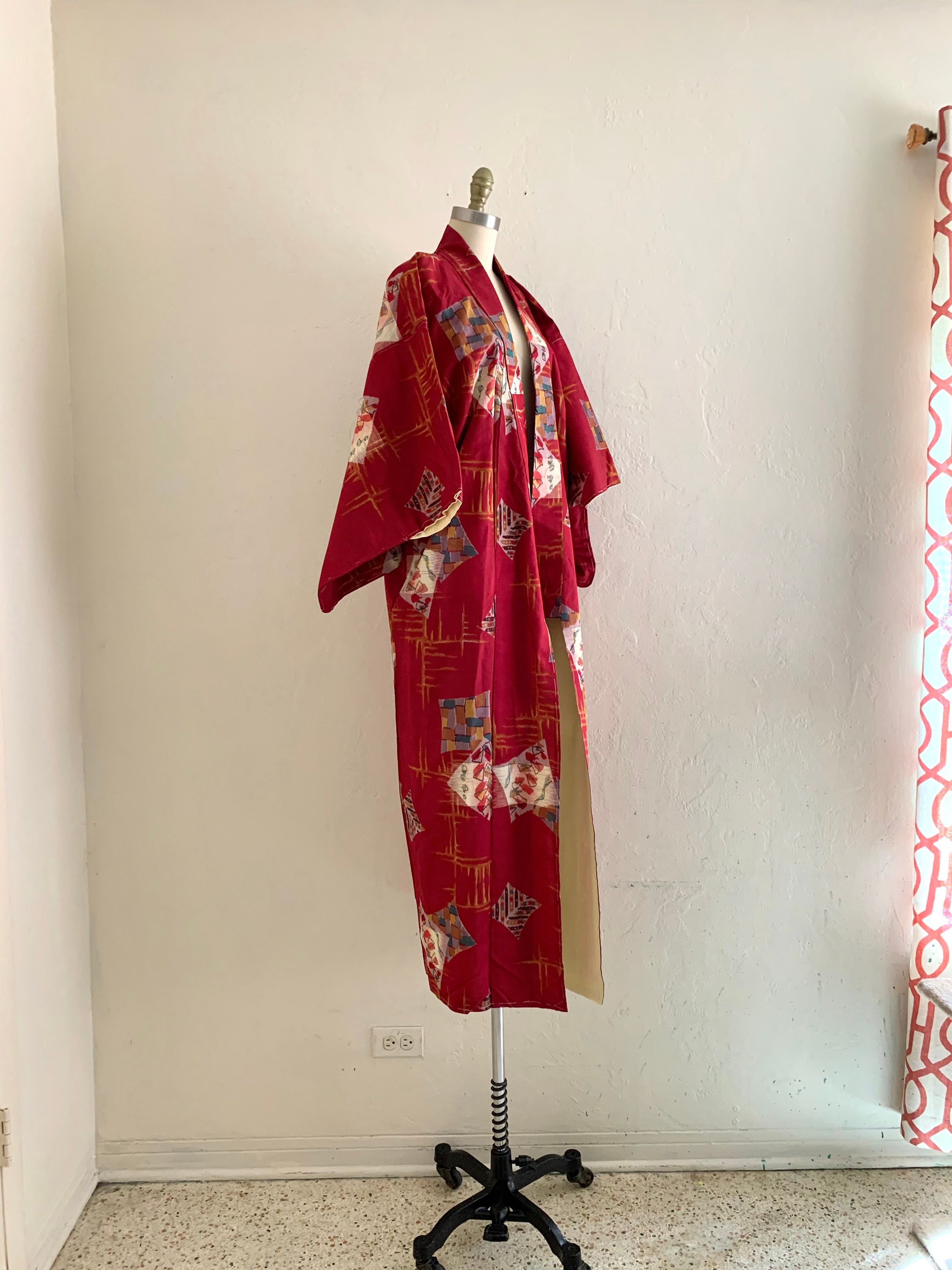 vintage meisen full print silk kimono robe