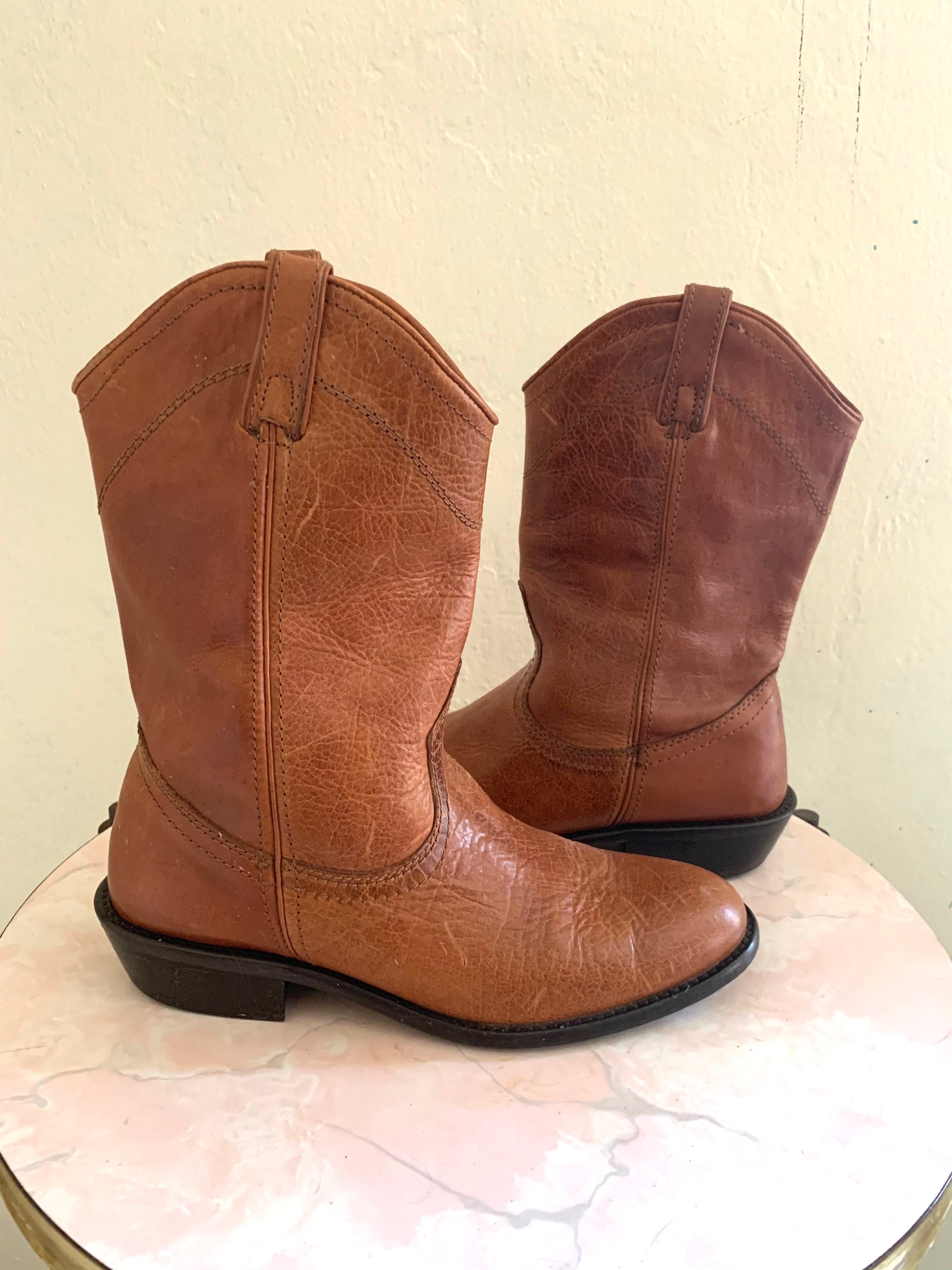 vintage honey brown ankle boots with stacked wooden heel size 10