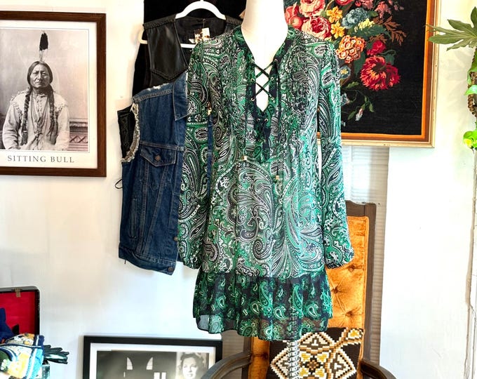 vintage green paisley print sheer mini dress / beach cover up