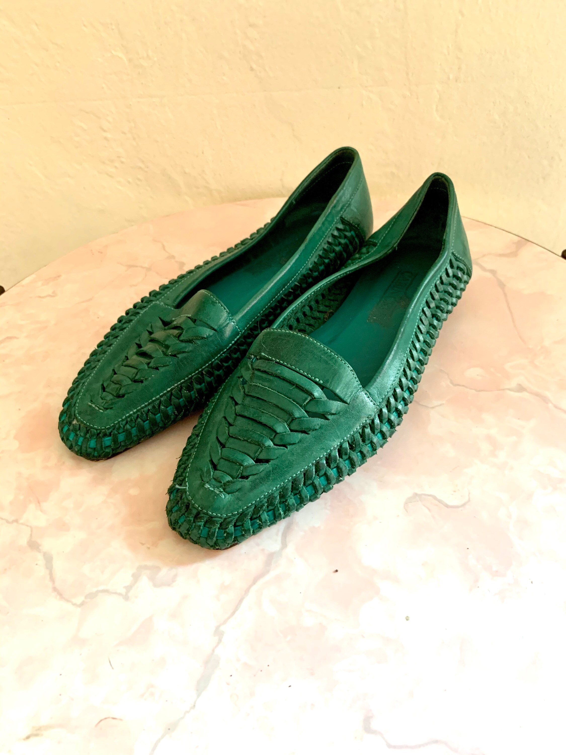vintage green leather braided flats