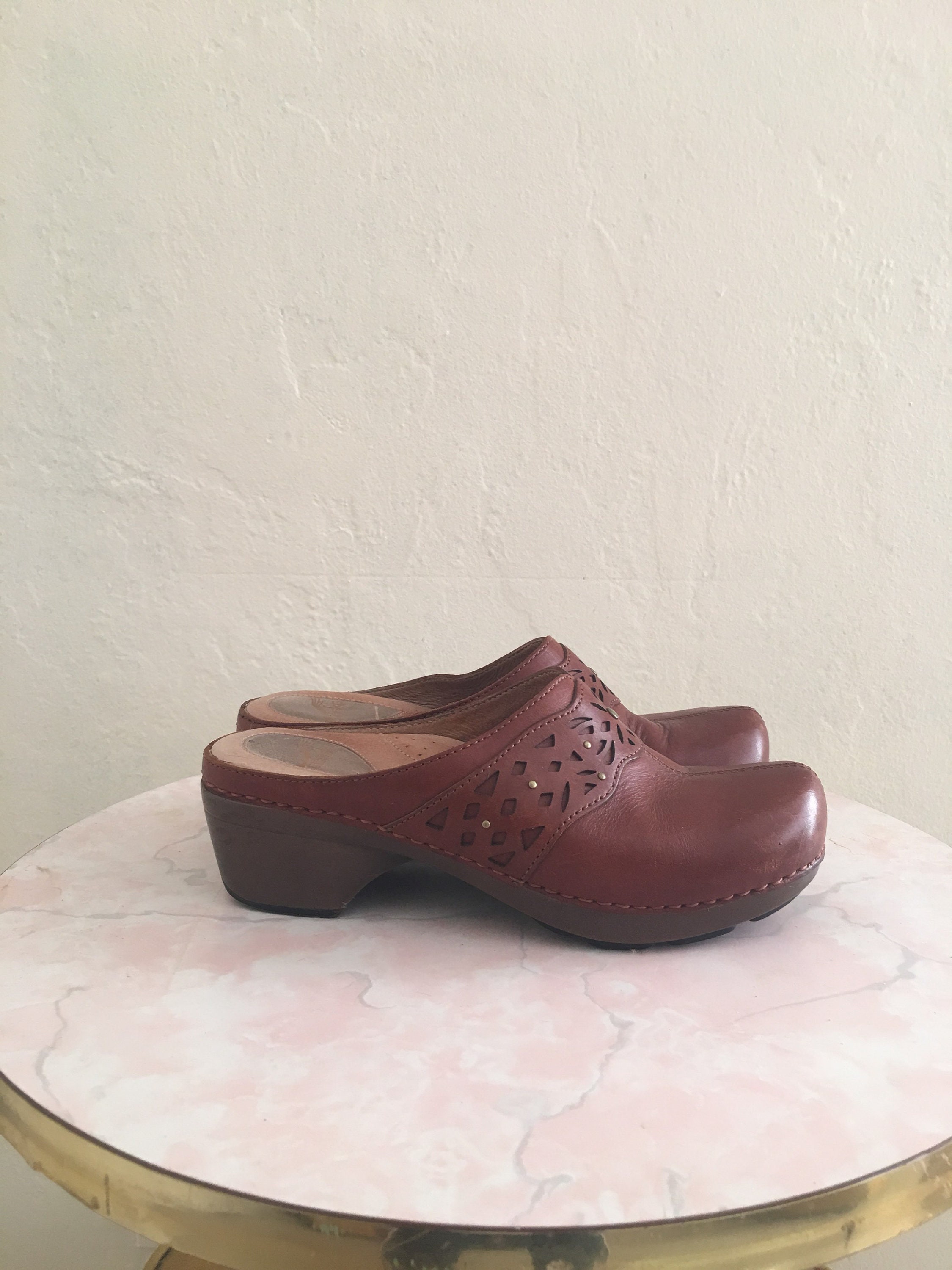 tooled leather clogs