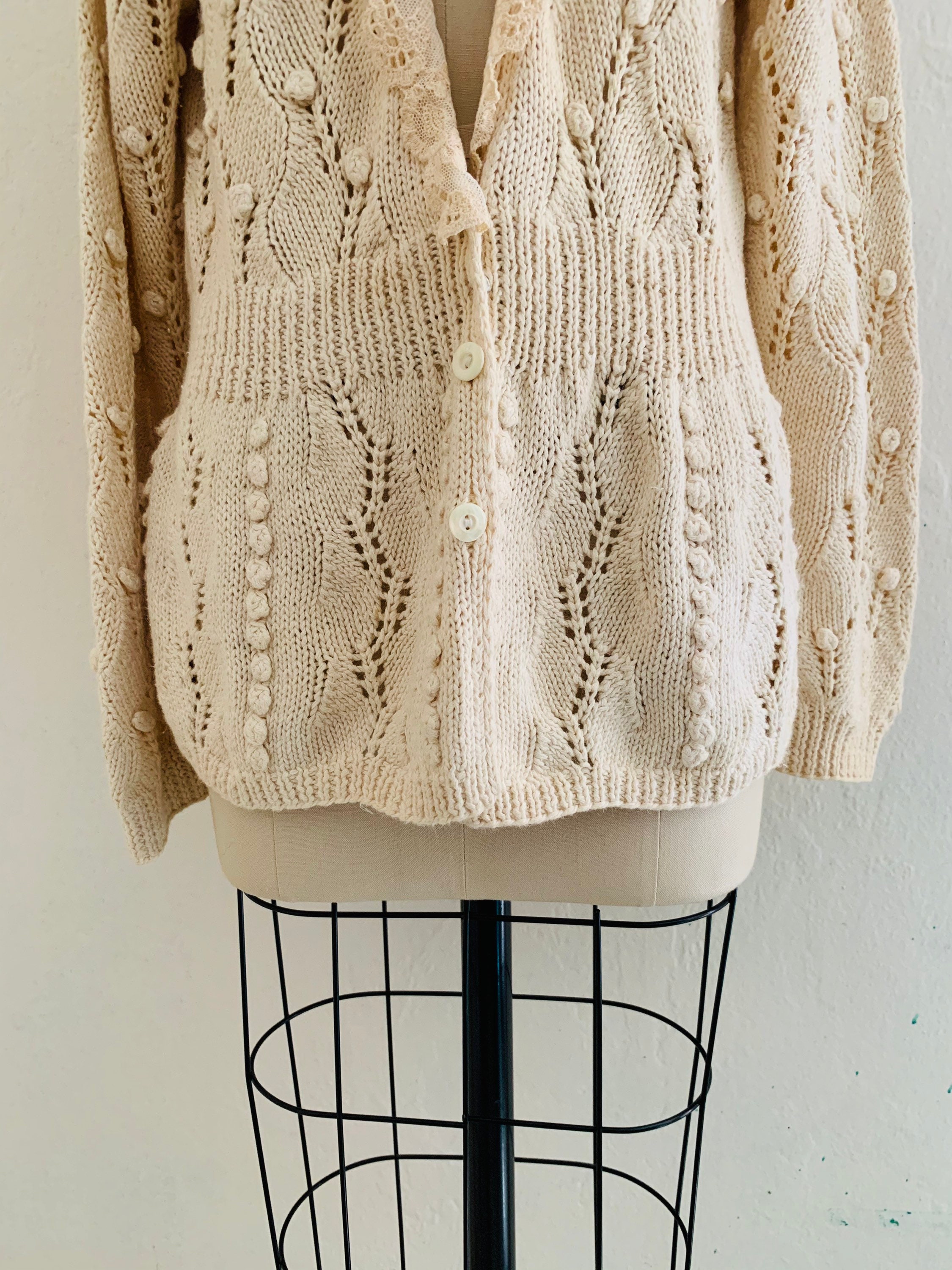 vintage 60's hand knit lace cardigan // fall beige sweater
