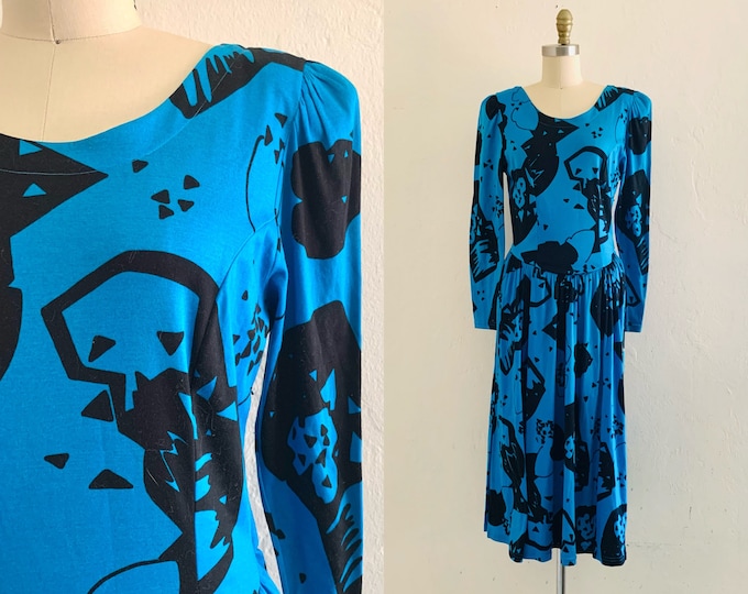 vintage 80's blue abstract fit n flare dress