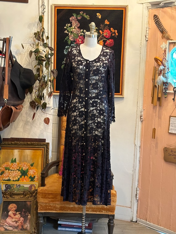 vintage 80's black lace maxi dress // floral lace… - image 2