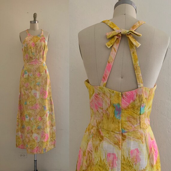 vintage 50's yellow floral maxi dress // printed m
