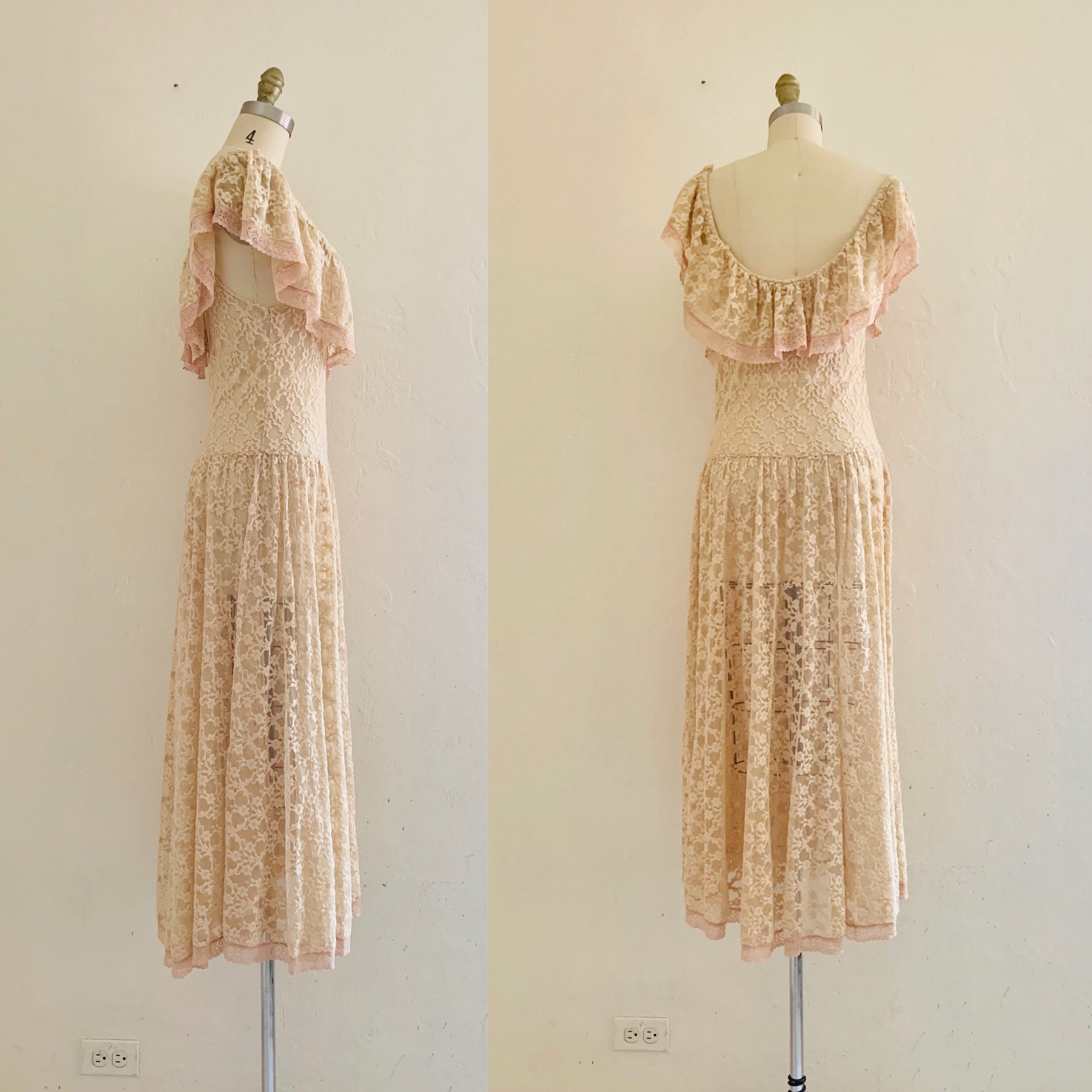 vintage 40's cream lace dress // floral lace sheer dress