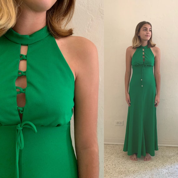 vintage 60's green halter maxi dress