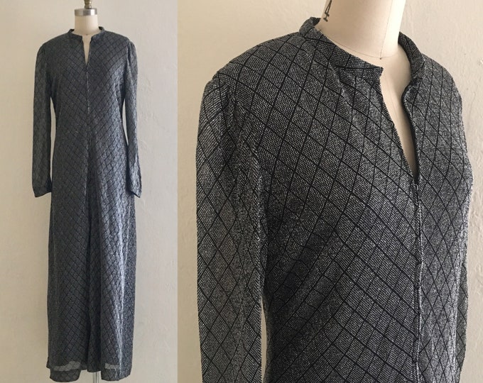 vintage 70's silver metallic maxi dress // zip front hostess dress